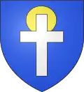 Blason théorique. D'azur à la croix latine d'argent nimbée d'or.
