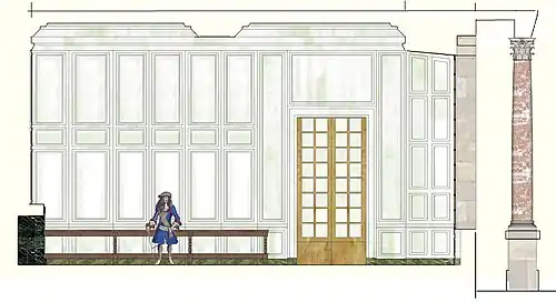Coupe restituée de la paroi ouest de la salle des gardes de Monseigneur, 1700-1790.