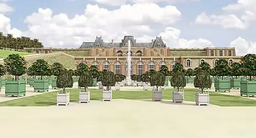 Restitution 3D du parterre de l'Orangerie, avec le jeu visuel des toitures du château, vers 1710.