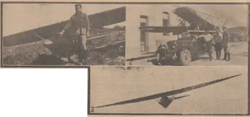 Michel Minéo devant  son planeur ultra-léger M-5 - Les Ailes, n° 716, mars 1935.