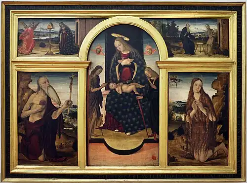 Madonna in trono e santi, Annunciazione, ss. Antonio e Paolo eremiti,  Palazzo dei Diamanti, Ferrare.