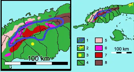 Distribution de Microcycas calocoma. Légende : 1 - Aire de distribution de l'espèce. 2 - La Havane. 3 - Pinar del Río. 4 - Limites municipales dans la province de Pinar del Río. 5 - Alturas Pizarrosas del Norte (pointe ouest de la sierra del Rosario). 6 - Sierra de los Órganos. 7 - Alturas Pizarrosas del Sur. 8 - Sierra del Rosario.