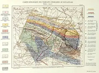 Carte géologique colorée et très précise des terrains primaires du Boulonnais, représentant également une partie des fosses présentes dans le Boulonnais. La carte date de 1904 et provient de l'ouvrage d'Albert Olry.