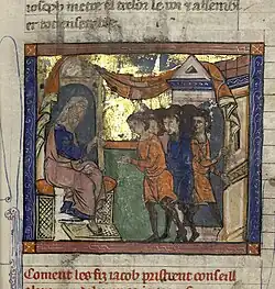 Miniature de Jacob envoyant ses fils en Égypte, 1260-1270, Manuscrit Ms 562 de la Bibliothèque municipale de Dijon, l'Histoire ancienne jusqu'à César