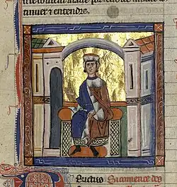 Miniature de Brutus trônant, manuscrit enluminé de l'Histoire ancienne jusqu'à César de Saint-Jean-d’Acre (Ms 562), 1260-1270. Bibliothèque municipale de Dijon.