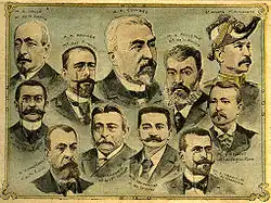 Portraits dessinés de plusieurs hommes politiques rassemblés sur la couverture d'un journal.