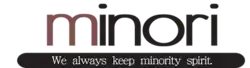 Logo de minori. m en rouge et inori en noir avec en sous-titre « We always keep minority spirit. »