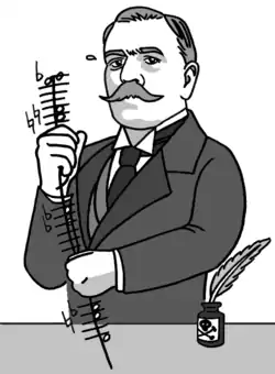 Dessin. Mirbeau redressant l'accord « grand-mère » de Slonimsky, son encrier devant lui étiqueté « poison ».