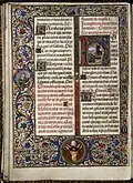 Page avec lettrine historiée et grand cadre de rinceaux d'acanthes, un médaillon et un blason.