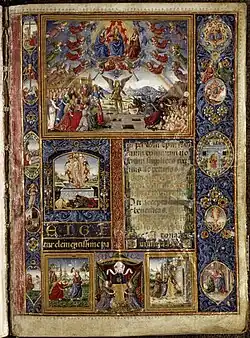 Page découpée en 6 cadres décorés de tableaux ou de textes et 2 bandes de 5 médaillons sur chaque côté.