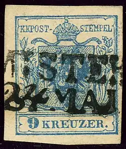 Timbre de l'empire d'Autriche, première émission de 1850, oblitéré «&nbsp;Mistek&nbsp;».