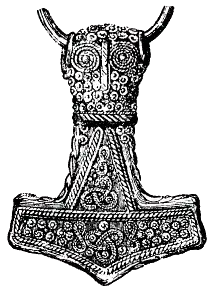 Dessin d'un pendentif Mjöllnir en argent plaqué or de 4,6&nbsp;cm retrouvé à Bredsätra dans l'Öland, Suède. L'original appartient au Musée historique de Stockholm.