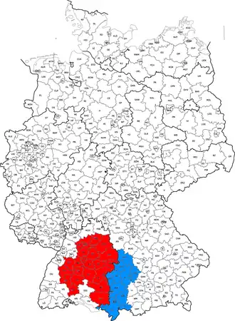 Les limites actuelles de la Souabe en Allemagne : en rouge, le Wurtemberg ; en bleu, le district de Souabe en Bavière.