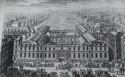 Gravure représentant au premier plan un palais et au second, un jardin.