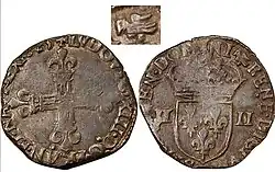 Quart d’écu d’argent frappé à Nantes en 1625 sous l’autorité de Marie Colombu procuratrice générale de François Ollivier, maître de la Monnaie