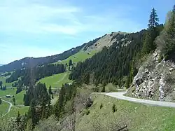 En arrière la route avant le croisement de la route du signal de Bisanne. Vue sur le Signal de Bisanne (1&nbsp;941&nbsp;m) plus haut