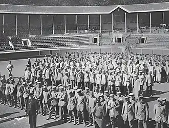 Prisonniers de guerre allemands en septembre 1914 le matin au moment de l'appel