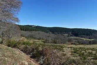 Le mont Bessou (à gauche) depuis la route des Hêtres (environ 2&nbsp;km à l'ouest).