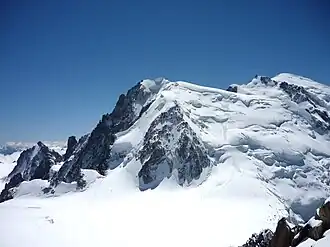 Face Nord du mont Blanc du Tacul depuis l'aiguille du Midi avec la Vallée Blanche à ses pieds et le mont Blanc sur la droite.