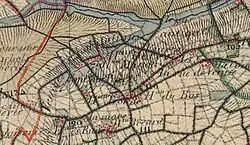 Extrait d'une carte ancienne en couleurs.