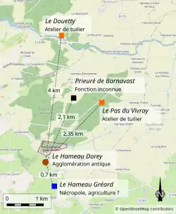 Carte localisant plusieurs sites antiques et la distance qui les sépare.
