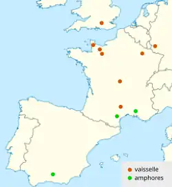 Carte en couleurs localisant par des points l'origine des poteries retrouvées sur un site archéologique.