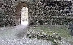 Photographie en couleurs de la base d'un mur dépassant d'un sol.