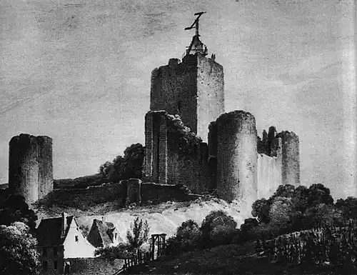 Dessin en noir et blanc d'un donjon ruiné muni à son sommet de bras articulés.