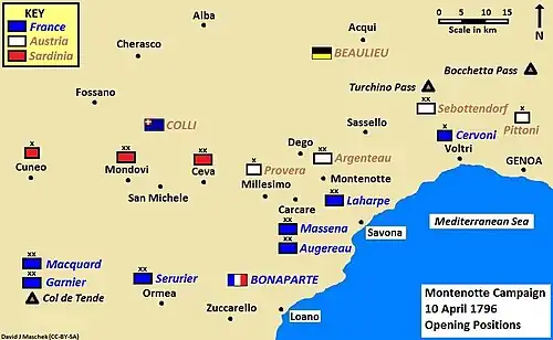 Schéma montrant le théâtre des opérations en Italie entre les armées françaises et austro-sardes en 1796, avec indication des localités remarquables et de la position des différents corps. En bas à droite, la mer Méditerranée.