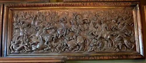 Bataille de Vienne avec, au centre, Jean III Sobieski, bas-relief sculpté sur chêne conservé au Château de Montrésor (collection Branicki)