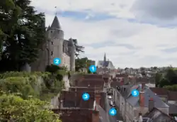 Photographie en couleurs légendée d'une ville en contrebas d'un château. Voir légende détaillé ci-dessous.