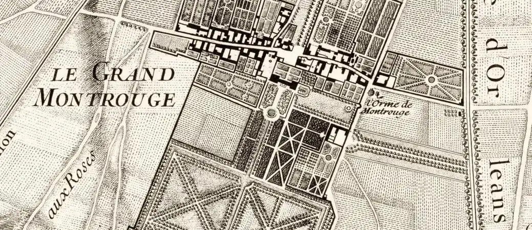 Le Grand-Montrouge sur le plan de Roussel en 1731, et le parc du château de Charles de L'Aubespine. Le château du duc de La Vallière ne sera construit qu'en 1750. L'allée arborée sur la droite est la future rue Louis-Rolland.