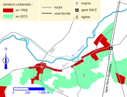 Carte représentant par un jeu de couleurs l'extension des zones bâties d'un territoire.