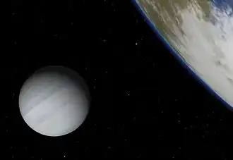 Représentation de HD 28185 b vue d'un hypothétique satellite semblable à la Terre.