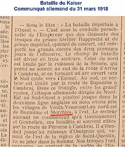 Article de journal mentionnant le reprise du village par les allemands le 31 mars 1918.