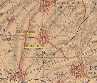 La carte des régions dévastées en 1919 montre que le village est complètement détruit.