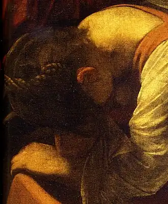 Peinture d'une jeune femme en pleurs qui penche la tête et se cache presque entièrement le visage.