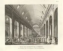 Mort des 21 députés de la Gironde le 31 octobre 1793.Estampe de Pierre-Gabriel Berthault et Jean Duplessis-Bertaux, Tableaux historiques de la Révolution française, Paris, BnF, département des estampes, 1802.