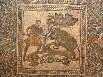 Mosaïque de Las Tiendas, avec une scène de chasse.
