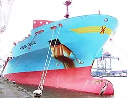 Le porte-conteneurs M/V Maersk Jenaz à quai au port de Rotterdam en 2008.