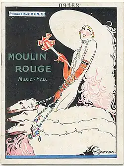 Couverture du programme du Music-Hall Moulin Rouge, de l'année 1926, signée Charles Gesmar, représentant Mistinguett  et trois barzoïs.