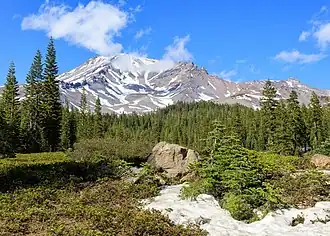 Vue du mont Shasta, depuis Bunny Flat. Cet endroit étant desservi par une autoroute, c'est le point d'accès le plus populaire aux randonnées autour du mont Shasta.