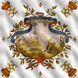 Drapeau de la 1re&nbsp;compagnie des mousquetaires du roi d'après Du Vivier – 1715. On y lit la devise : « Quo ruit et letum » (« Où elle tombe [allusion à la bombe représentée], la mort aussi », « Où elle tombe la mort vient avec elle »).