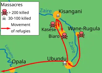 Carte montrant le trajet des réfugiés depuis la rive est du Zaïre jusqu'au sud de Kisangani ou vers l'ouest du Zaïre. Des massacres ont lieu le long du déplacement des réfugiés.