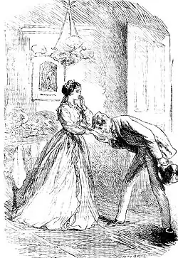 Homme élégant, venant d'entrer, baisant la main d'une dame à l'air gêné, coin de salle à manger cossu