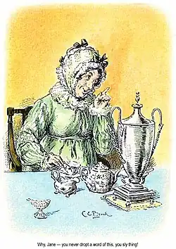 Illustration. Une femme, à table, l'air faussement grondeur