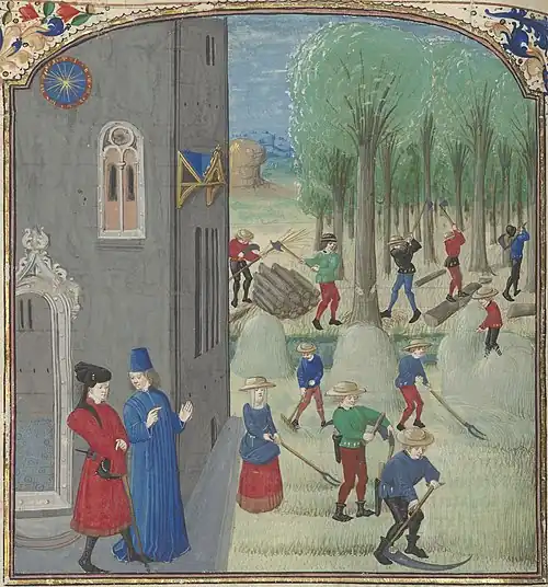 Des paysans pratiquent le fauchage, mise en botte et récolte des foins (fenaison), abattage et débitage des arbres