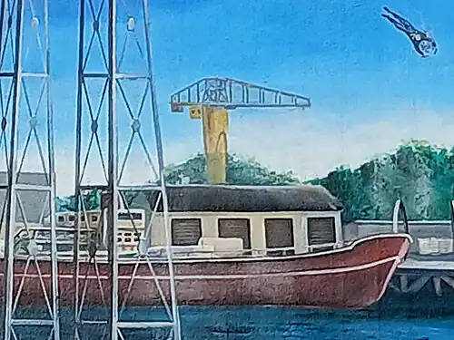 La grue jaune, représentée sur Le Mur tombé du ciel (on distingue également Willy Wolf réalisant son plongeon du pont transbordeur le 31 mai 1925).