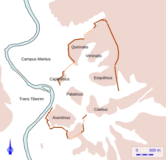 Plan en couleurs représentant le tracé d'un muraille en fonction du relief.