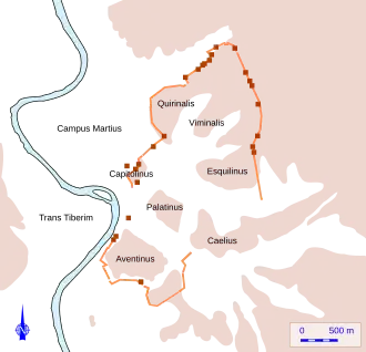 Plan matérialisant l'emplacement des vestiges sur le tracé de l'enceinte d'une ville.